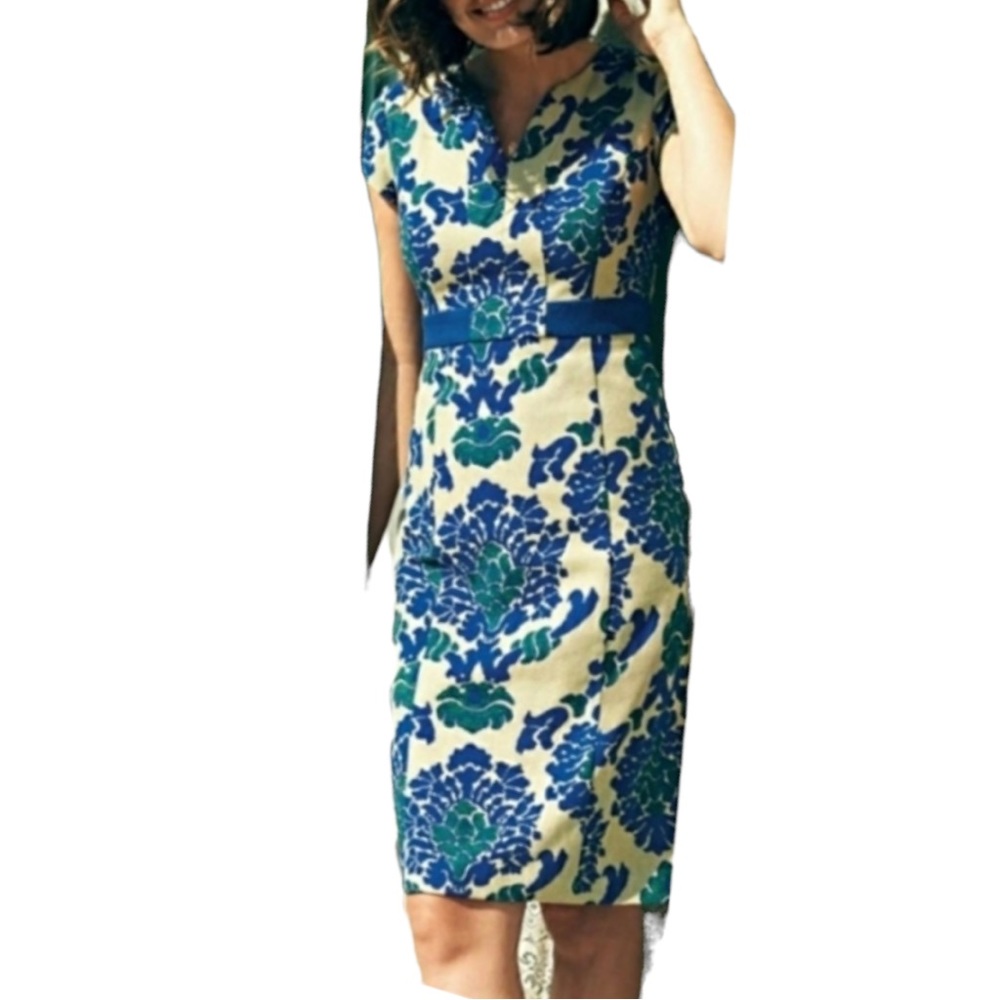 BODEN Women's Notch Neck Cap Sleeve Knee Length Sheath Dress Damask Size 16L